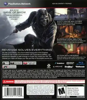Dishonored (USA) (v1.04) (Disc) (Update) box cover back